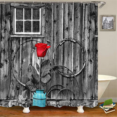 Lofaris Artistic Retro Grey Cabin Red Rose Shower Curtain
