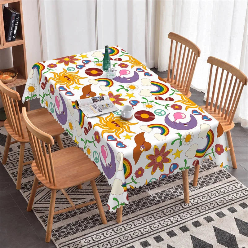 Lofaris Artwork Rainbow Sun Moon Flower Rectangle Tablecloth