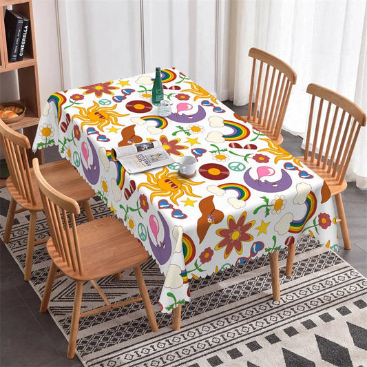 Lofaris Artwork Rainbow Sun Moon Flower Rectangle Tablecloth