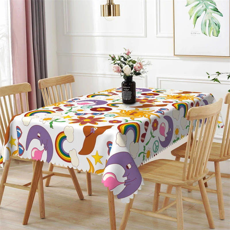 Lofaris Artwork Rainbow Sun Moon Flower Rectangle Tablecloth