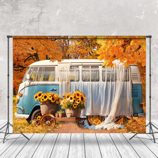 Lofaris Autumn Bus Outdoor Picnic Forest Photo Backdrop