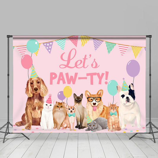Lofaris Balloon Flag Dogs Cats Lets Paw-ty Pink Backdrop