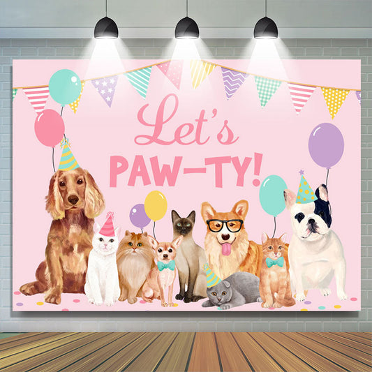 Lofaris Balloon Flag Dogs Cats Lets Paw-ty Pink Backdrop