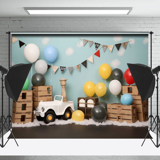 Lofaris Balloons Toy Car Wooden Box Cake Smash Backdrop
