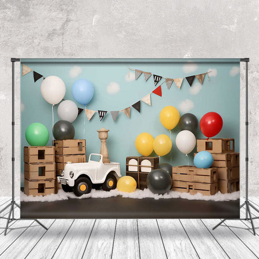 Lofaris Balloons Toy Car Wooden Box Cake Smash Backdrop