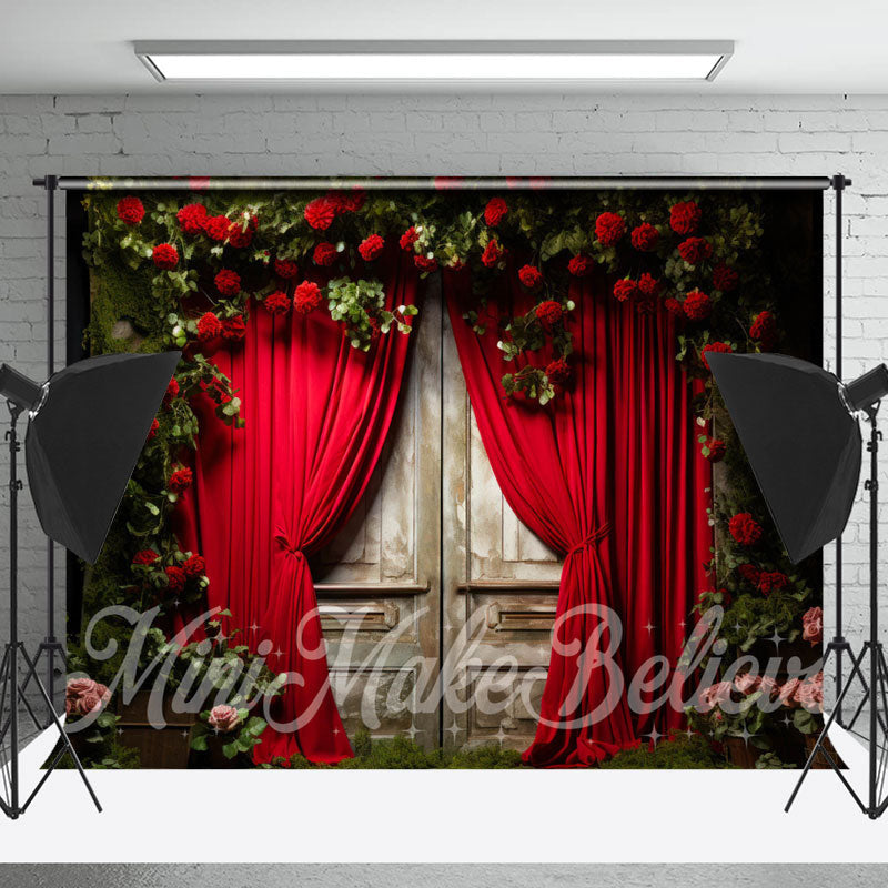 Lofaris Barren Red Rose Curtain Shabby Wood Door Backdrop