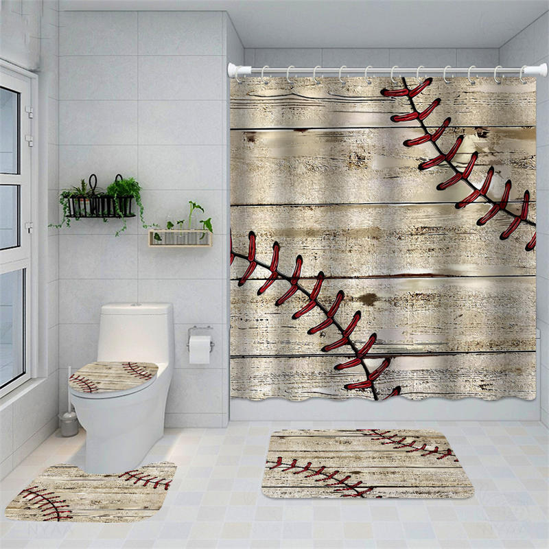 Lofaris Baseball Style Red String Stitching Plank Shower Curtain