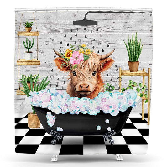 Lofaris Bathroom Tub Cow Bubble Green Plant Shower Curtain