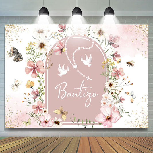 Lofaris Bautizo Glitter Floral Butterfly Baptism Backdrop
