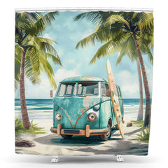 Lofaris Beach Bus Surfboard Coconut Tree Shower Curtain