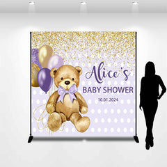 Lofaris Bear Purple Balloon Glitter Custom Baby Shower Backdrop