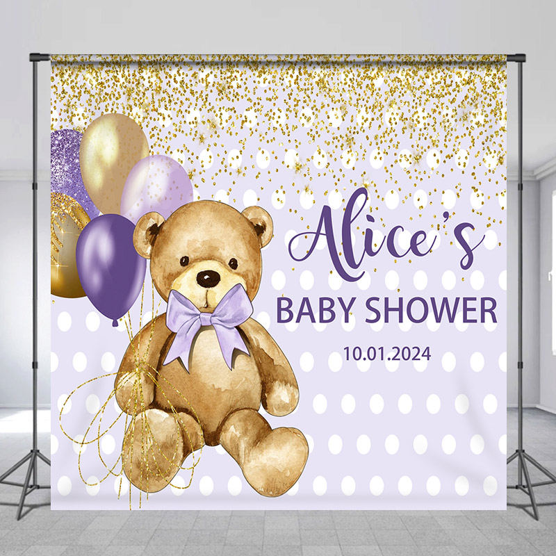 Lofaris Bear Purple Balloon Glitter Custom Baby Shower Backdrop