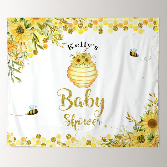 Lofaris Bee Honey Sunflowers White Custom Baby Shower Backdrop