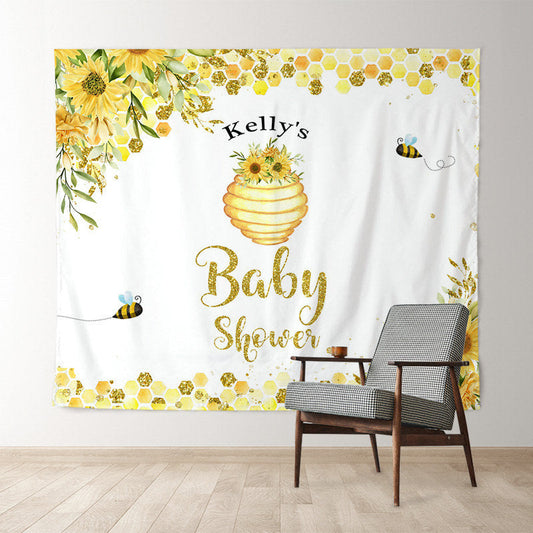 Lofaris Bee Honey Sunflowers White Custom Baby Shower Backdrop