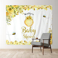 Lofaris Bee Honey Sunflowers White Custom Baby Shower Backdrop