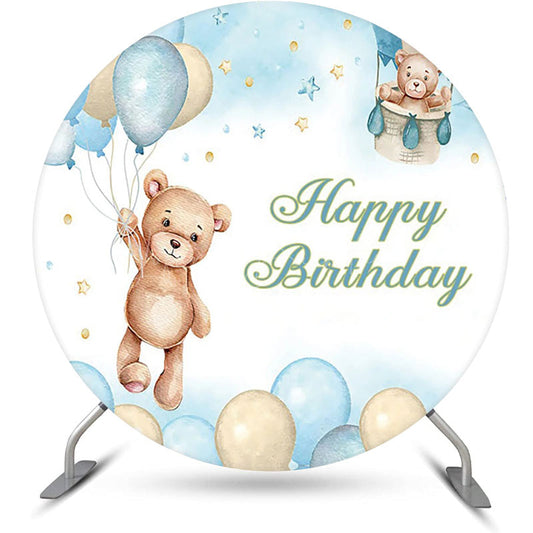 Lofaris Beige Blue Balloon Bear Star Round Birthday Backdrop