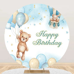 Lofaris Beige Blue Balloon Bear Star Round Birthday Backdrop