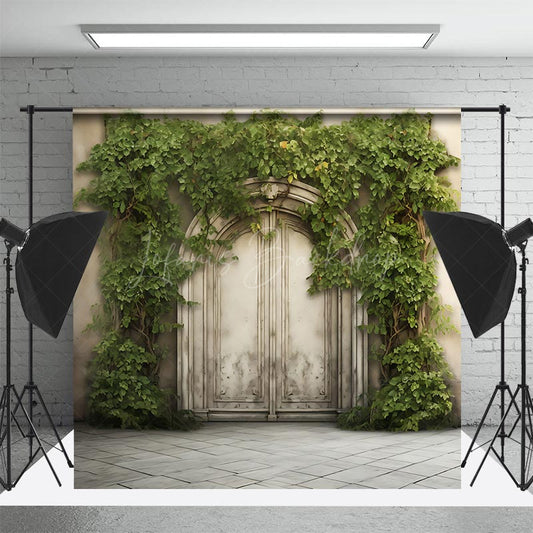 Lofaris Beige Vintage Door Greenery Spring Photo Backdrop