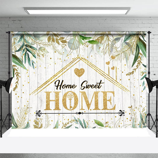 Lofaris Beige Wood Gold Green Leaf Dot Housewarming Backdrop