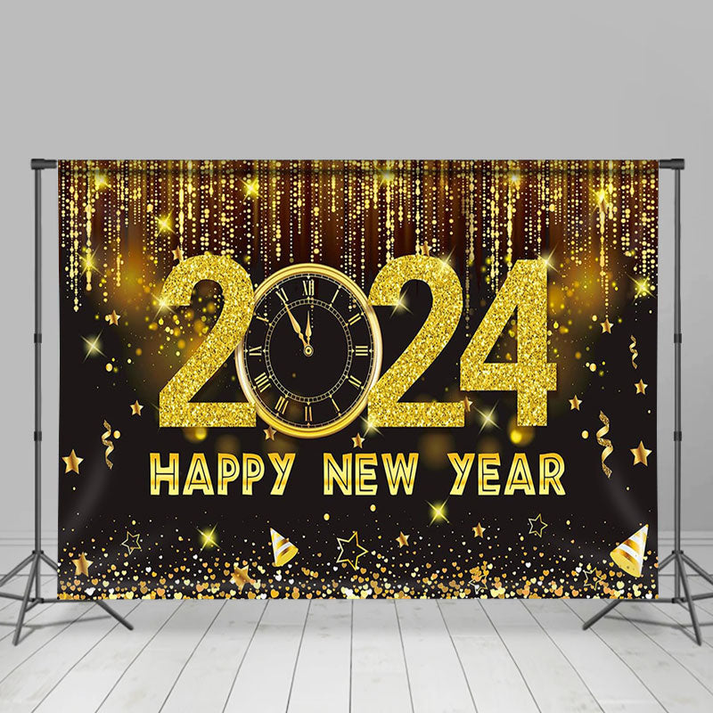 Lofaris Black And Gold Glitter 2024 Happy New Year Backdrop