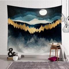 Lofaris Black And Gold Mountain Landscape Moon Wall Tapestry