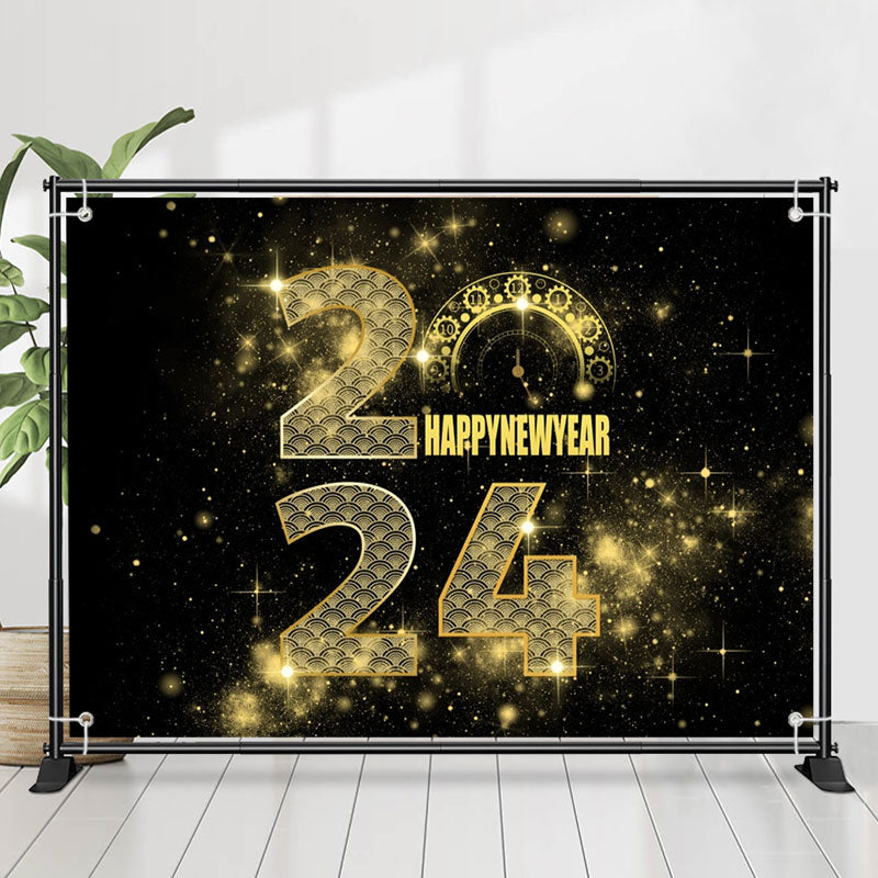 Lofaris Black And Golden Clock 2024 Happy New Year Backdrop