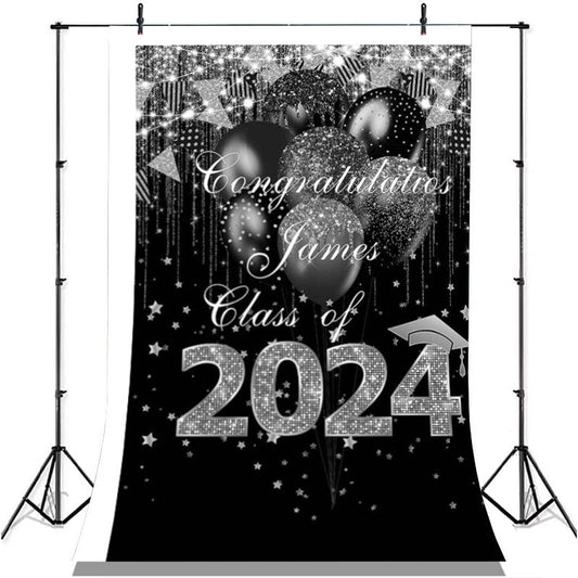 Lofaris Black And Silver Glitter Ballons Class Of 2022 Backdrop