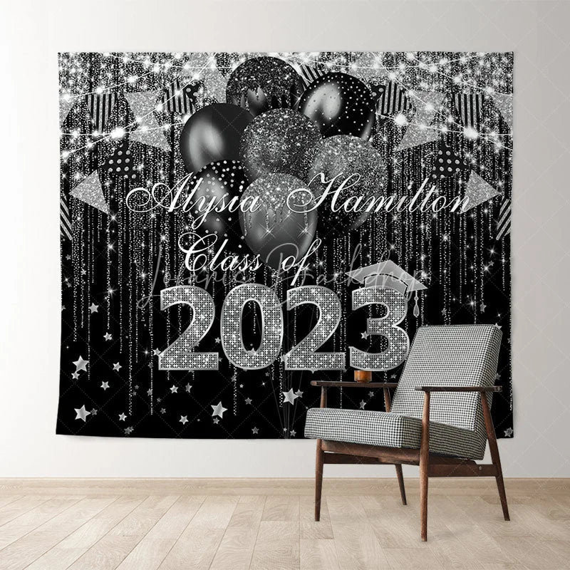 Lofaris Black And Silver Glitter Ballons Class Of 2022 Backdrop