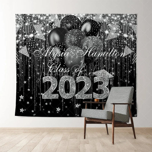 Lofaris Black And Silver Glitter Ballons Class Of 2022 Backdrop