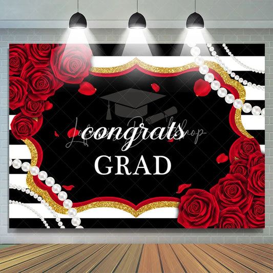 Lofaris Black And White Stripes Red Roses Congrats Backdrop