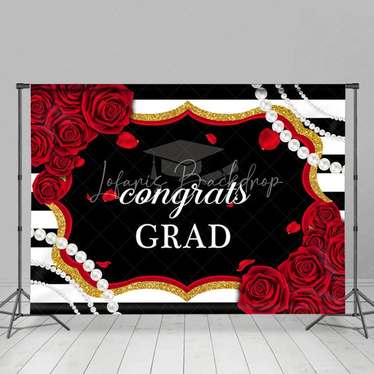 Lofaris Black And White Stripes Red Roses Congrats Backdrop