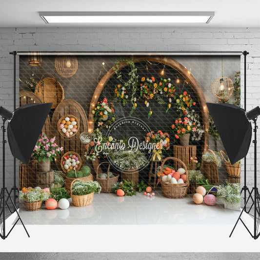 Lofaris Black Arch Grey Wall Floral Easter Photo Backdrop
