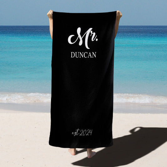 Lofaris Black Bride Groom Custom Name Couple Beach Towel