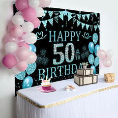 Lofaris Black Cyan Balloons Glitter 50th Birthday Backdrop