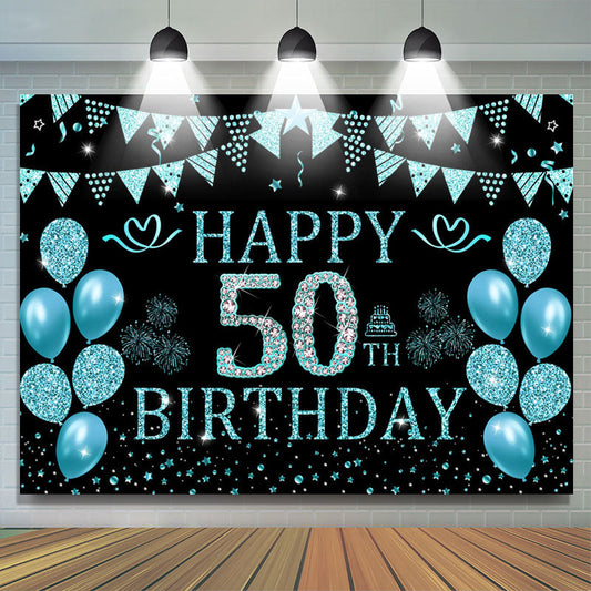Lofaris Black Cyan Balloons Glitter 50th Birthday Backdrop