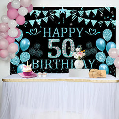 Lofaris Black Cyan Balloons Glitter 50th Birthday Backdrop
