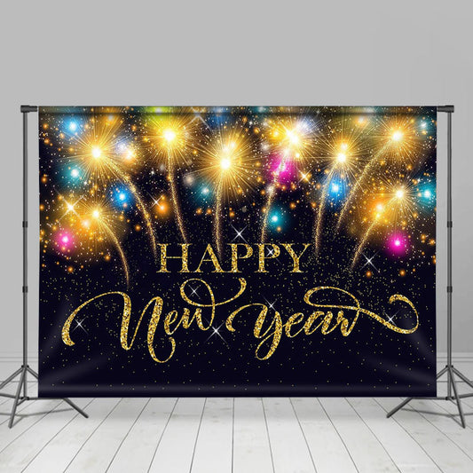 Lofaris Black Glitter Sparkle Gold Happy New Year Backdrop