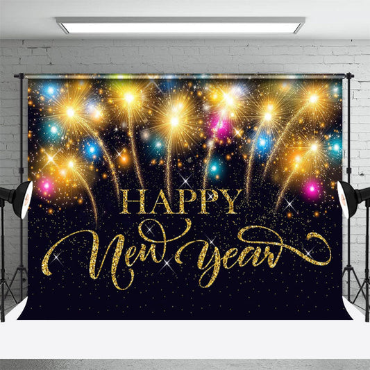 Lofaris Black Glitter Sparkle Gold Happy New Year Backdrop