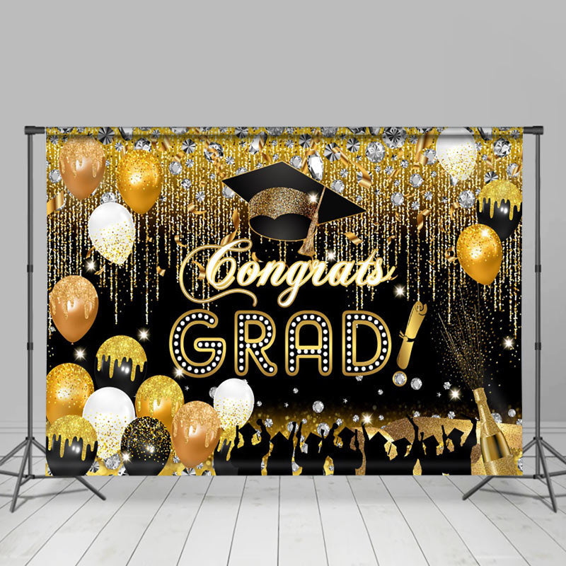 Black Gold Balloons Diamonds Graduation Backdrop - Lofaris