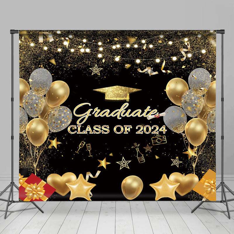 Lofaris Black Gold Balloons Gifts Class 2024 Grad Backdrop