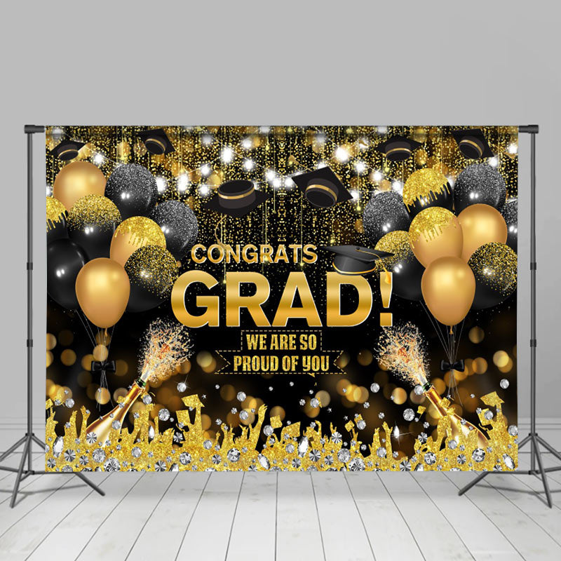Lofaris Black Gold Glitter Balloon Bokeh Graduation Backdrop