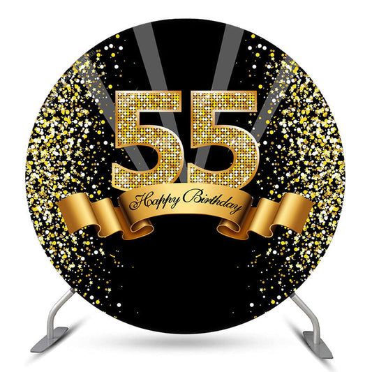 Lofaris Black Gold Happy 55th Birthday Glitter Ribbon Round Backdrops