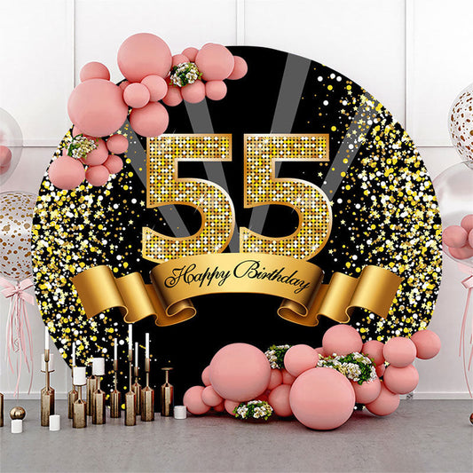 Lofaris Black Gold Happy 55th Birthday Glitter Ribbon Round Backdrops