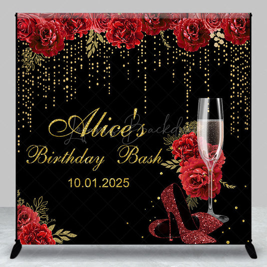 Lofaris Black Gold Red Rose Custom Name Birthday Backdrop