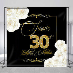 Lofaris Black Gold White Rose Custom 30th Birthday Backdrop