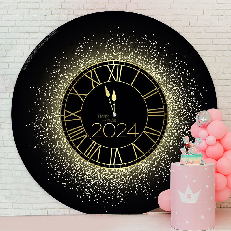 Lofaris Black Golden Clock Round Happy 2024 Holiday Backdrop