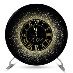 Lofaris Black Golden Clock Round Happy 2024 Holiday Backdrop
