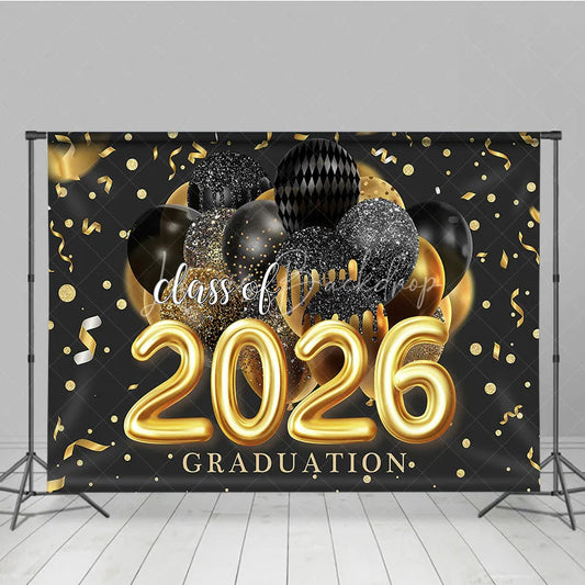 Lofaris Black Golden Ribbon Glitter Balloon Graduation Backdrop