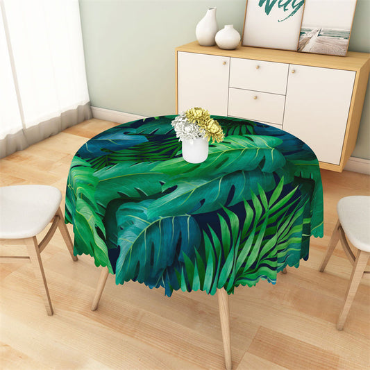 Lofaris Black Green Fresh Jungle Leaf Print Round Tablecloth