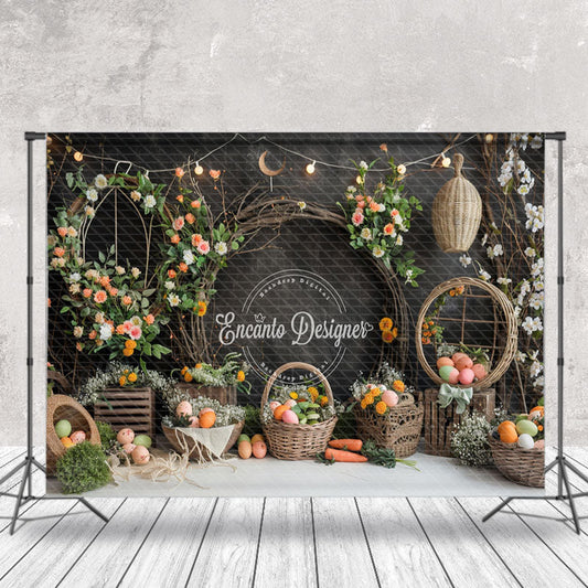 Lofaris Black Grey Floral Carrot Eggs Easter Photo Backdrop